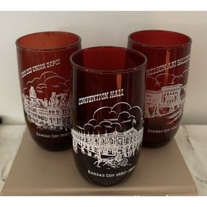 Kansas City Centennial 1850-1950 Ruby Red Glasses Historical BUILDINGS MCM